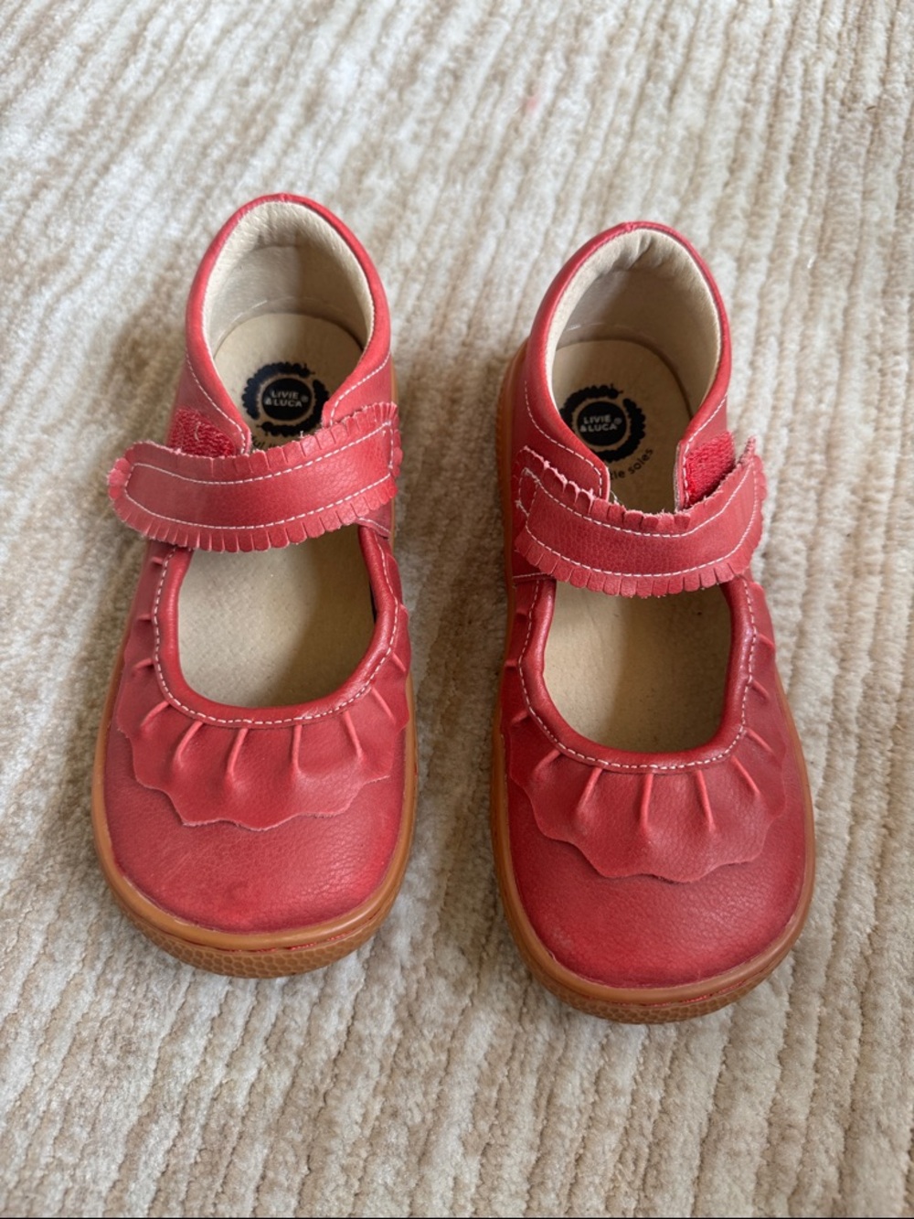 Livie & Luca Girls' Coral-Red Ruffle Mary Janes